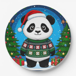 Assiettes En Carton Joli panda en pull de Noël portant un chapeau de P