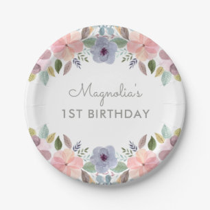 Assiettes En Carton Joli Pastel Aquarelle Florale Anniversaire Nom