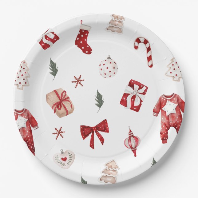 Assiettes En Carton Joli petit Baby shower de Noël d'hiver rouge (Devant)