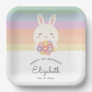 Assiettes En Carton Joli petit lapin a un an Anniversaire arc-en-ciel