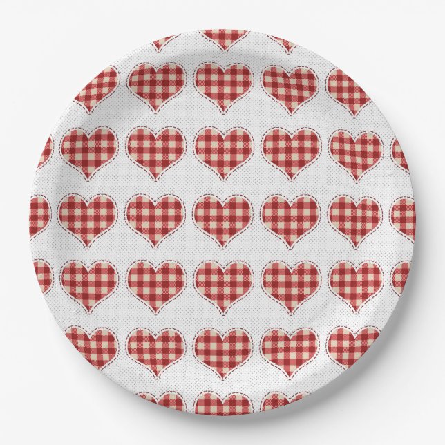 Assiettes En Carton Joli Plaid Red Hearts Dotty Motif (Devant)