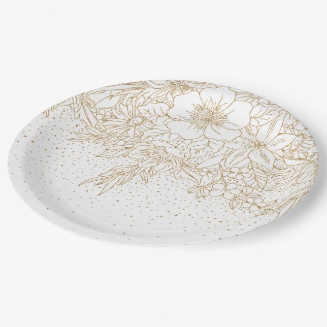Assiettes En Carton Joli point Or fleuri (Angle)