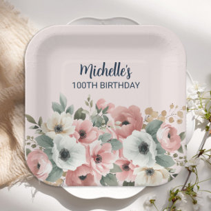 Assiettes En Carton Joli rose blanc floral 100e anniversaire