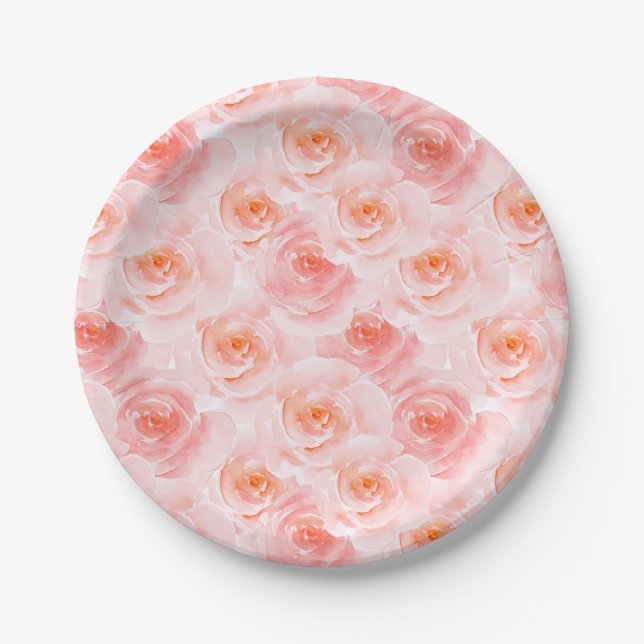 Assiettes En Carton Joli Roses d'aquarelle rose (Devant)