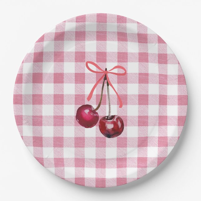 Assiettes En Carton Joli ruban girly Cerise Gingham à carreaux  (Devant)