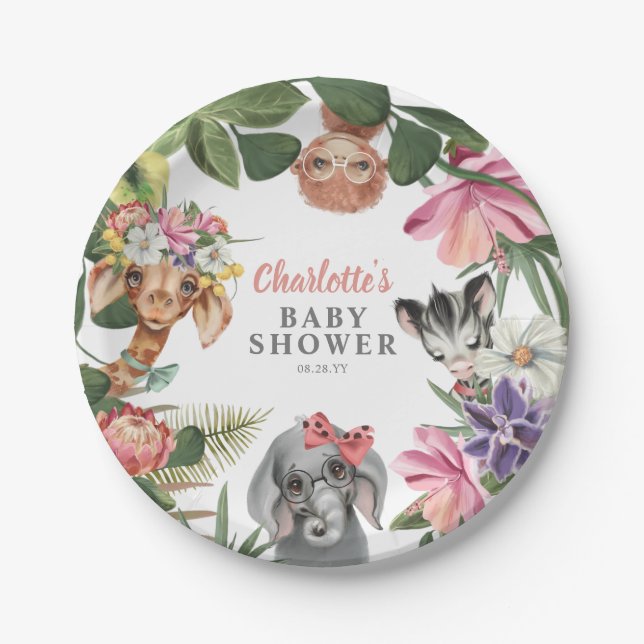 Assiettes En Carton Joli Safari Animaux Wild One Girl Baby shower (Devant)