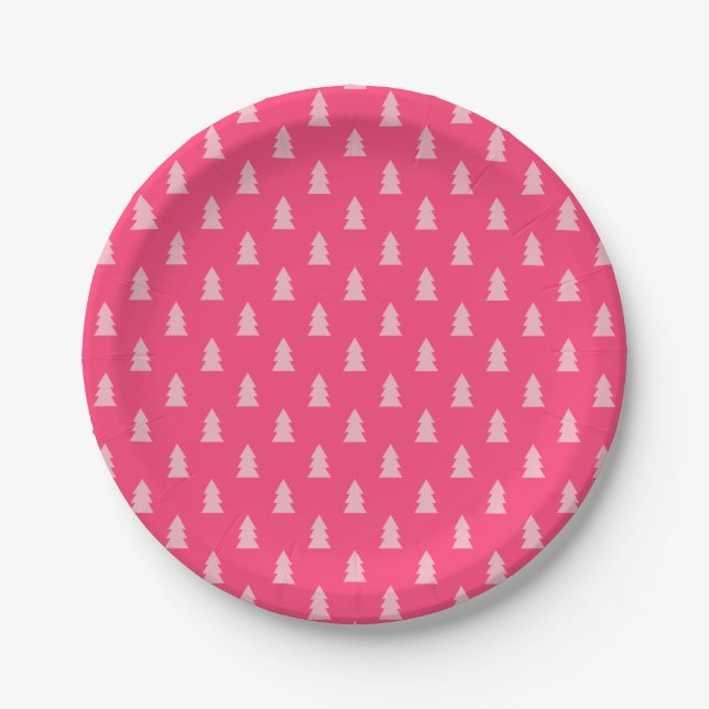 Assiettes En Carton Joli sapin de Noël motif pastel et rose chaud (Devant)