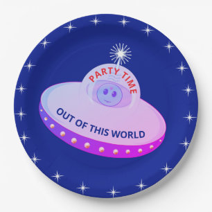 Assiettes En Carton Joli soucoupe volante, alien & étoiles sur bleu ro