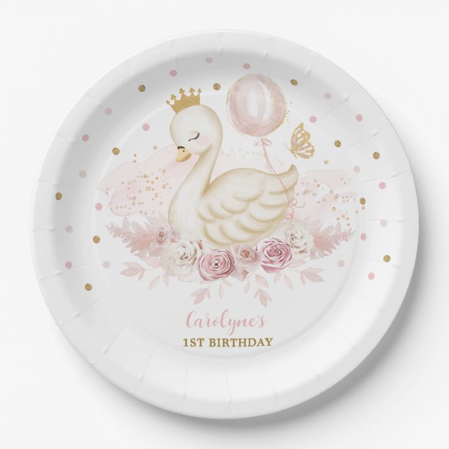 Assiettes En Carton Joli Swan Princess Blush Gold Balloon Anniversaire (Devant)