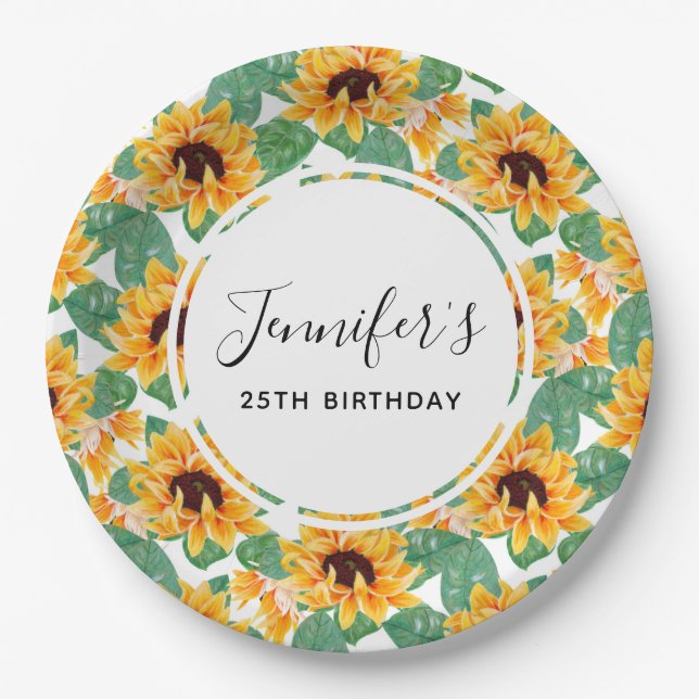Assiettes En Carton Joli tournesol Jaune & Vert Motif Anniversaire (Devant)