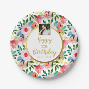 Assiettes En Carton Jolie aquarelle Fleurs, Anniversaire, Photo person