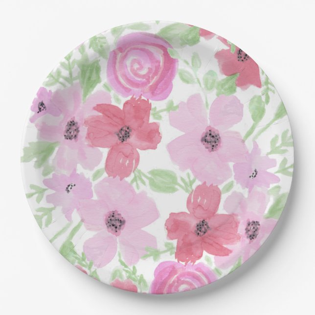 Assiettes En Carton Jolie aquarelle florale rose (Devant)