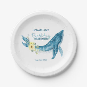 Assiettes En Carton Jolie Baleine Bleue Jaune Fleur fête d'anniversair