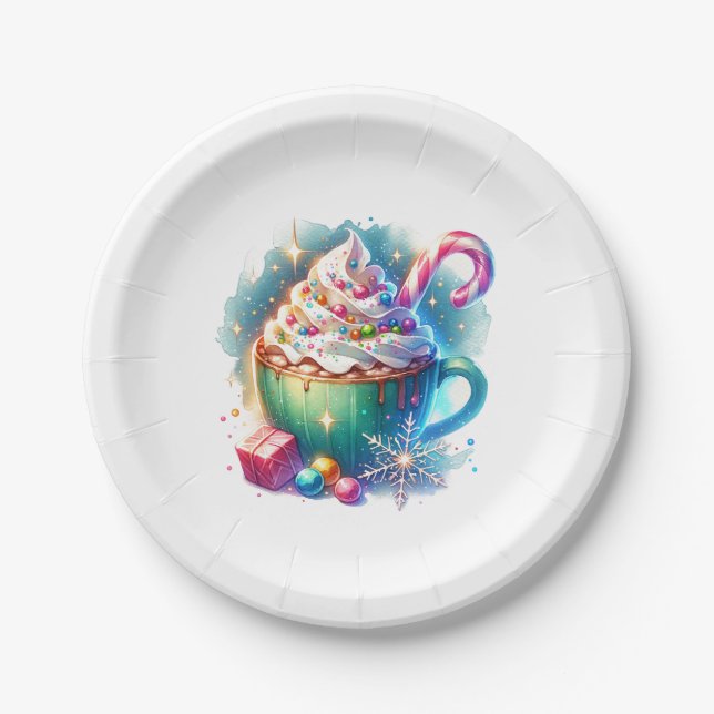 Assiettes En Carton Jolie Coupe de Noël d'aquarelle de cacao chaud (Devant)