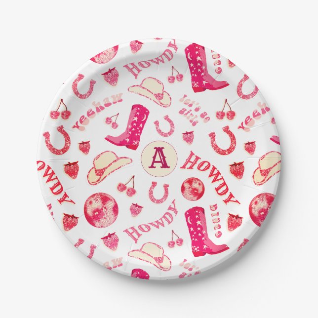 Assiettes En Carton Jolie cowgirl disco rose rouge avec monogramme (Devant)