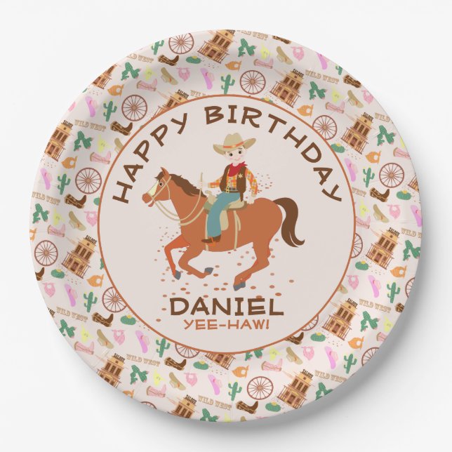 Assiettes En Carton Jolie Cowgirl et cheval fête d'anniversaire (Devant)