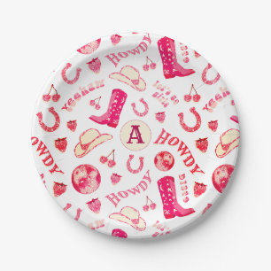 Assiettes En Carton Jolie Cowgirl Rose Rouge Disco avec Monogramme