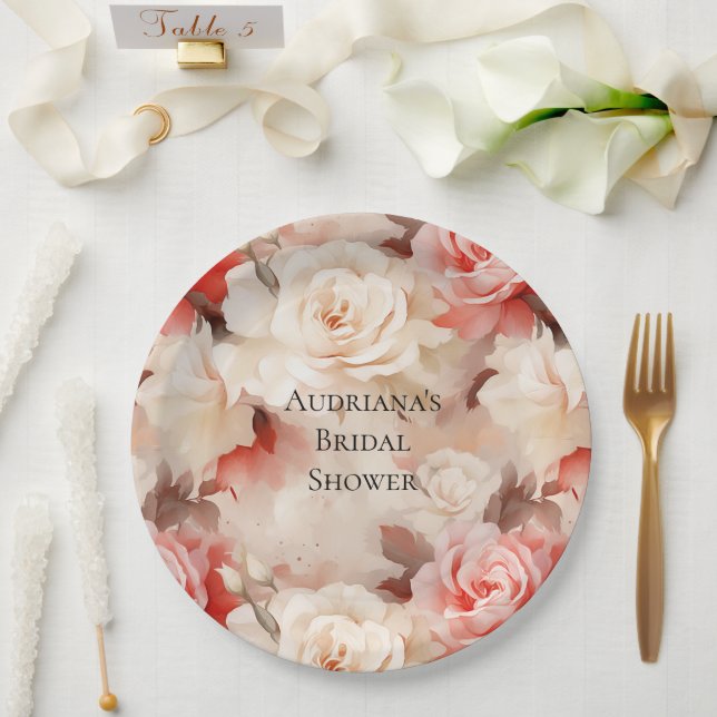 Assiettes En Carton Jolie Crème Rose Blush Fête des mariées Florale (Mariage)