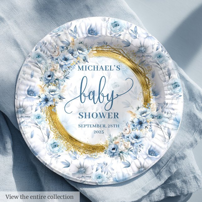 Assiettes En Carton Jolie douche pastel bleu aquarelle fleurs or (Pretty pastel blue watercolor flowers gold shower Paper Plates )