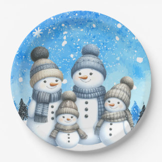 Assiettes En Carton Jolie famille des bonhomme de neige dans la neige