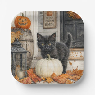 Assiettes En Carton Jolie ferme Chat noir et citrouille Halloween