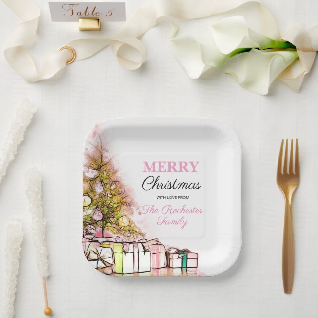 Assiettes En Carton Jolie fête de Noël Pink Holiday Tree (Mariage)