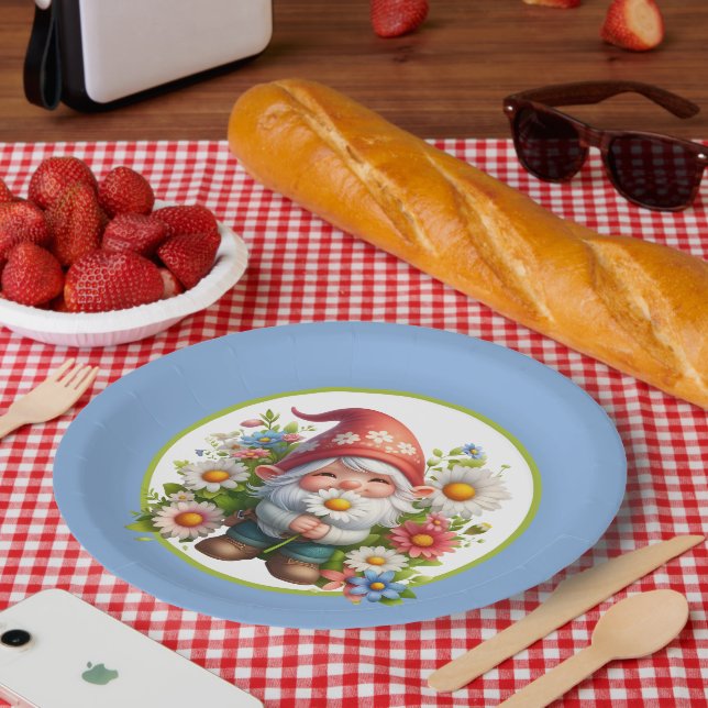 Assiettes En Carton Jolie fête du jardin de fleurs gnome (Pique-nique)