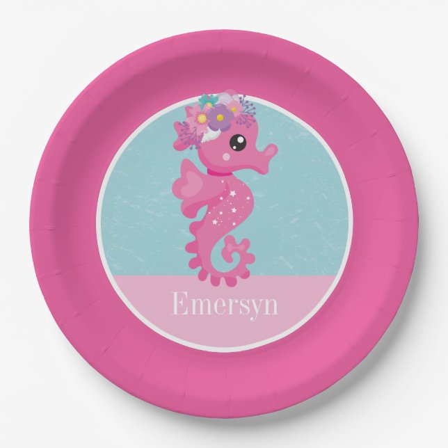 Assiettes En Carton Jolie fille Pink Seahorse Nom des enfants (Devant)