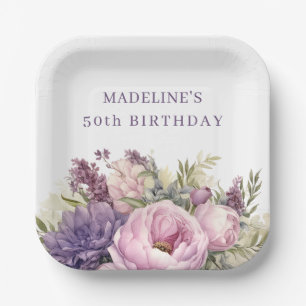 Assiettes En Carton Jolie Fleur Aquarelle Rose Violet 50ème Anniversai