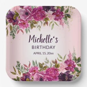 Assiettes En Carton Jolie Fleur Rose Violet Anniversaire Femmes Filles