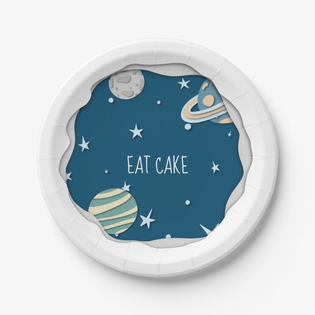 Assiettes En Carton Jolie Galaxie aux planètes Joyeux anniversaire (Devant)