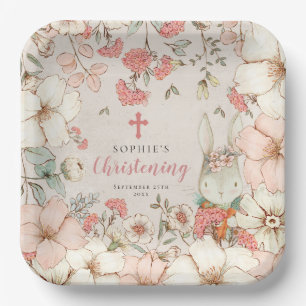 Assiettes En Carton Jolie Lapin Floral Foliage Girl Christening