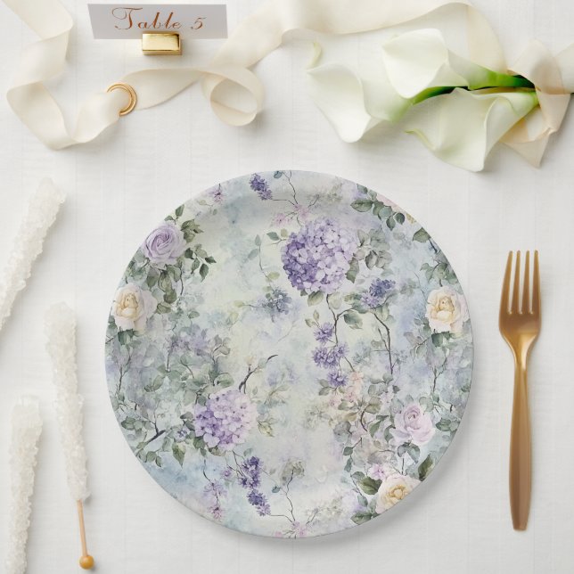 Assiettes En Carton Jolie Lavande violette Roses Blanches Mariage Flor (Mariage)