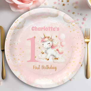 Assiettes En Carton Jolie licorne fille 1er anniversaire rose beige