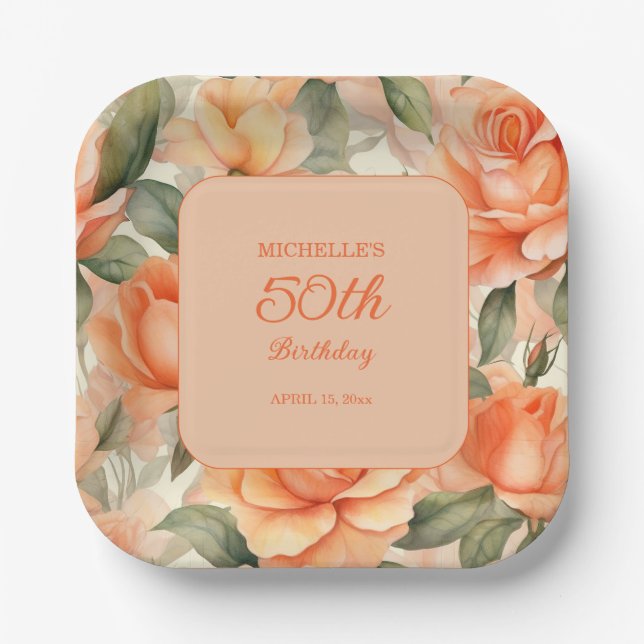 Assiettes En Carton Jolie Pêche Orange Floral Roses 50e anniversaire (Recto)