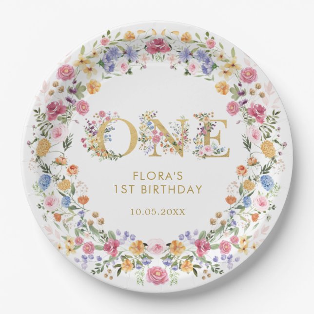 Assiettes En Carton Jolie petite fille Fleur sauvage 1ère fête d'anniv (Devant)