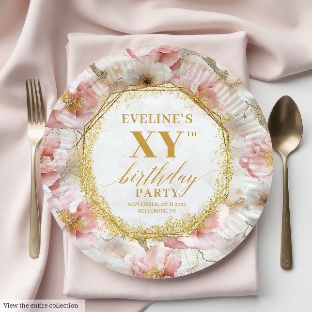 Assiettes En Carton Jolie plaque de papier d'anniversaire rose poussié (Delightful Dusty Pink Floral Birthday Paper Plates

)