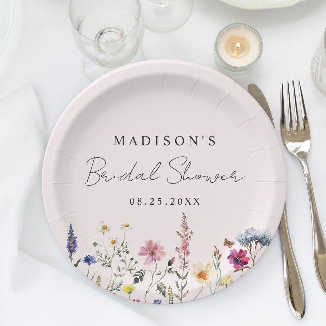 Assiettes En Carton Jolie Prairie de Fleurs des Champs Rose Mariage (Créateur téléchargé)