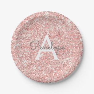 Assiettes En Carton Jolie Rose Gold Glitter Rose Pailletée Monogramme