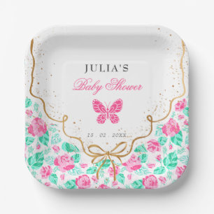 Assiettes En Carton Jolie rose rose florale ruban doré Baby shower