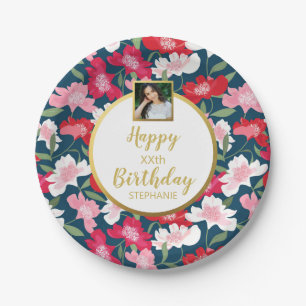 Assiettes En Carton Jolies fleurs, Joyeux anniversaire, texte photo pe