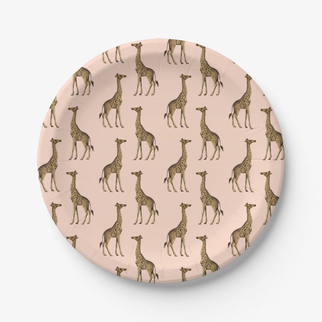 Assiettes En Carton Jolies girafes sur Arrière - plan rose (Devant)