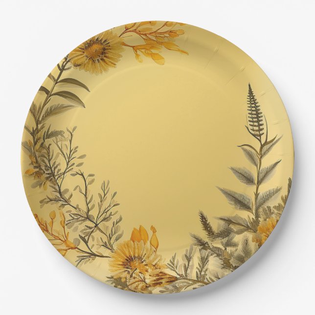 Assiettes En Carton Jolies pissenlits jaunes verdure de fougères (Devant)