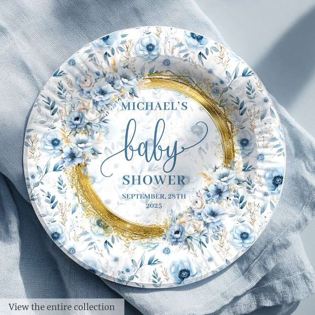 Assiettes En Carton Jouer bleu poussiéreux aquarelle fleurs or garçon (Playful dusty blue watercolor flowers gold boy Paper Plates)