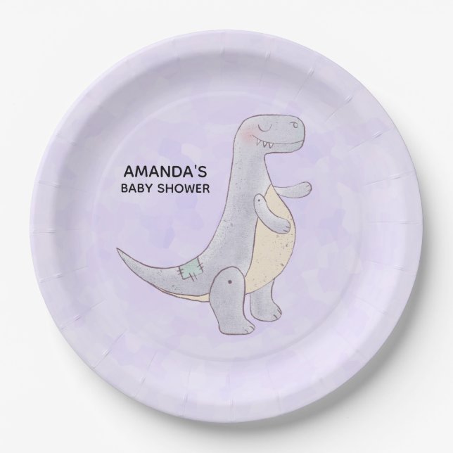Assiettes En Carton Jouet Dinosaure gris mou Baby shower d'aquarelle (Devant)