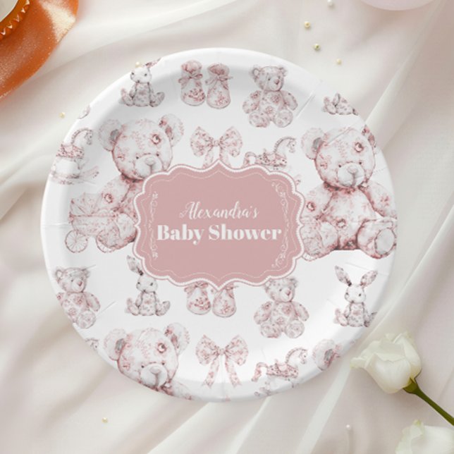 Assiettes En Carton Jouets Roses Toile De Jouy Baby shower (Créateur téléchargé)