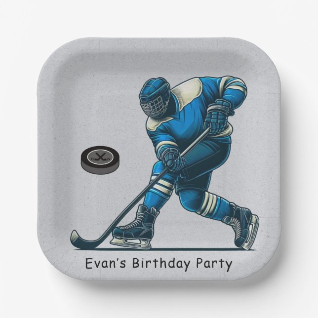 Assiettes En Carton Joueur de hockey bleu et gris fête d'anniversaire (Recto)