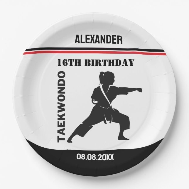 Assiettes En Carton Joueur de Taekwondo, Cadeau d'anniversaire, Karate (Devant)