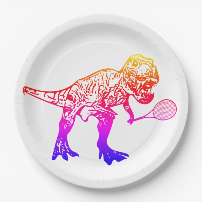 Assiettes En Carton Joueur de tennis T-Rex Dinosaur rose et violet (Devant)