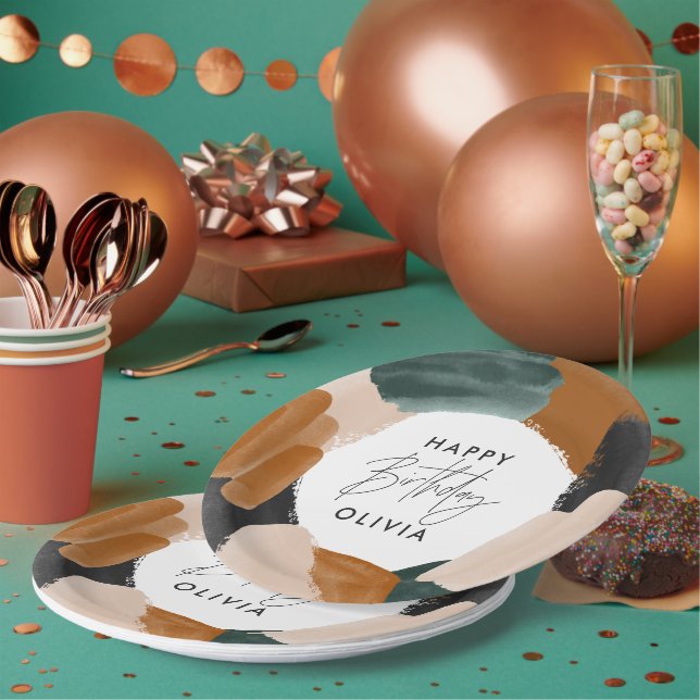Assiettes En Carton Jour d'anniversaire abstrait en terre cuite verte (Multi)